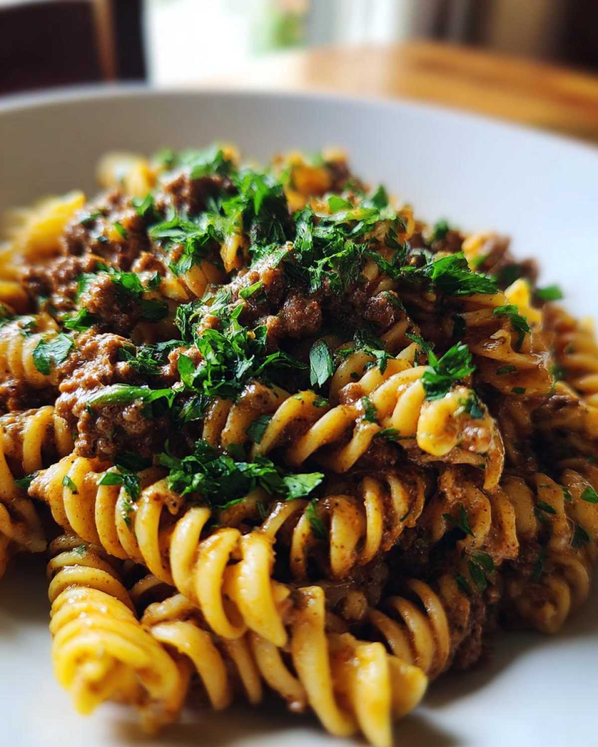 Close-up of fusilli pasta coated in a rich sauce with ground beef, topped generously with fresh chopped parsley, showcasing the creamy beef pasta.