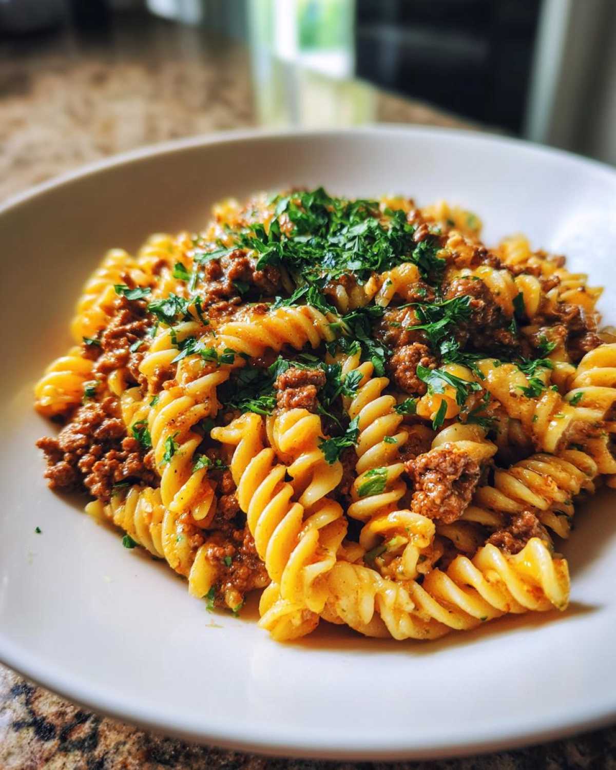 Close-up of a bowl filled with creamy beef pasta made with rotini noodles and topped generously with fresh chopped parsley.