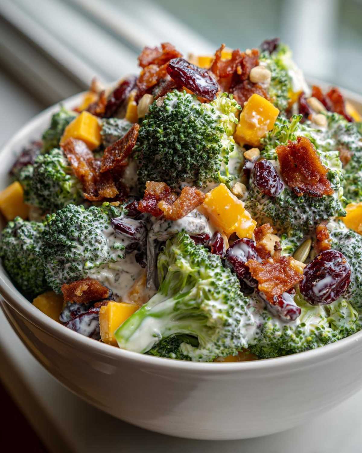 A close-up of a creamy broccoli salad featuring fresh broccoli florets, cheese cubes, bacon bits, and dried cranberries.
