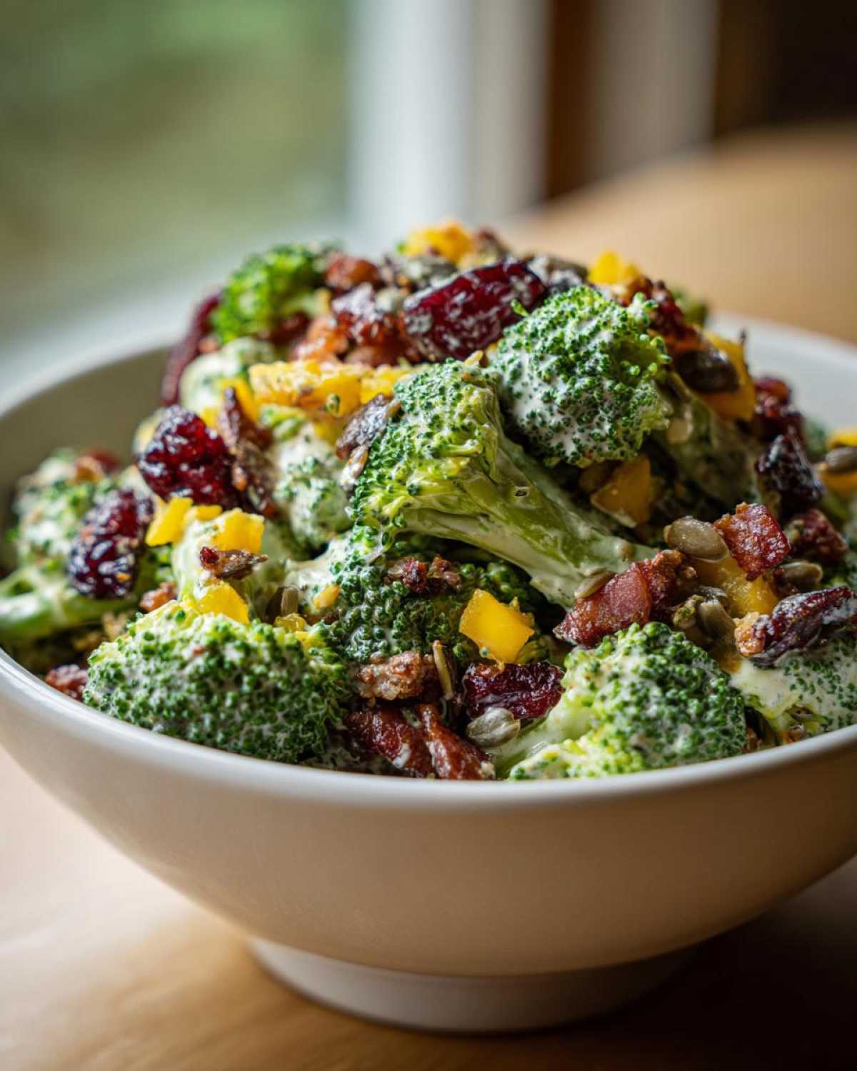 A close-up shot of a creamy broccoli salad featuring fresh broccoli florets, bacon bits, dried cranberries, and yellow peppers.