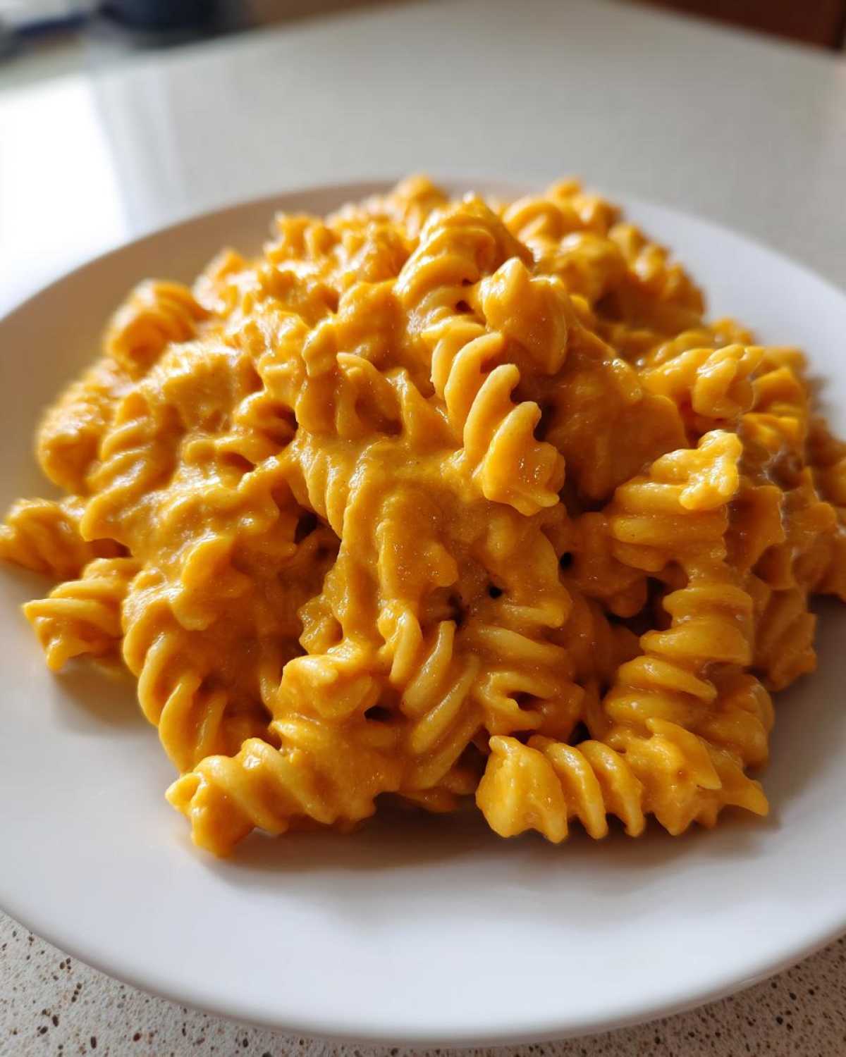 A close-up of fusilli pasta coated in thick, vibrant orange butternut squash pasta sauce on a white plate.