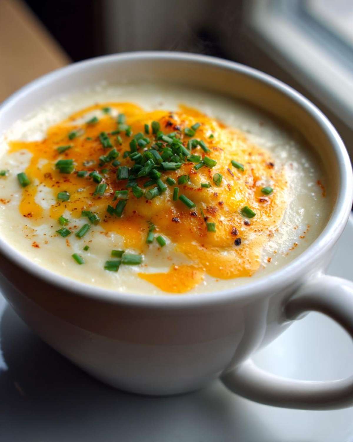 Close-up of a steaming white mug filled with creamy cauliflower soup, topped with melted cheddar cheese and fresh chives.