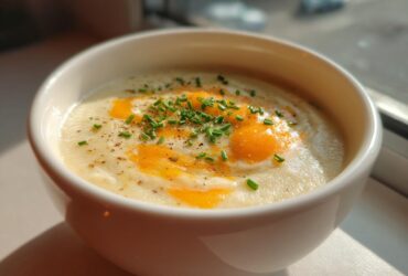 A close-up of creamy cauliflower soup in a white bowl, topped with melted orange cheese, fresh chives, and black pepper.