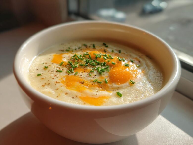 A close-up of creamy cauliflower soup in a white bowl, topped with melted orange cheese, fresh chives, and black pepper.