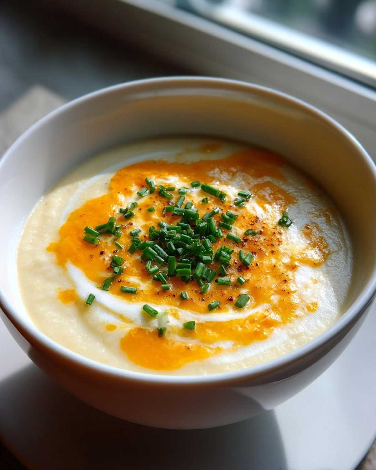 A close-up of creamy cauliflower soup topped with a swirl of orange oil, cream, and fresh chopped chives.