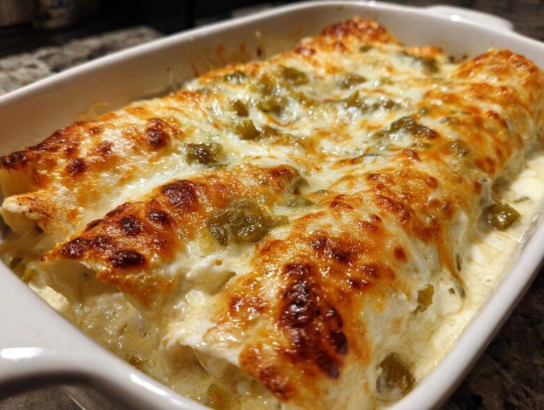 Close-up of baked chicken enchiladas covered in creamy white sauce and melted, bubbly, browned cheese.