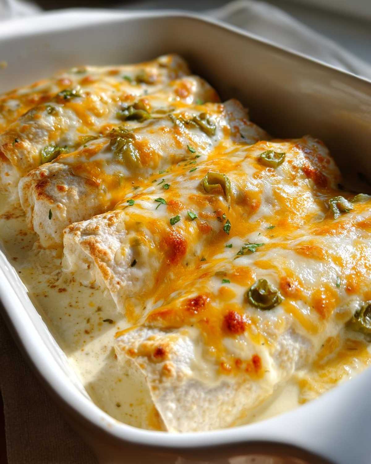 Close-up of creamy chicken enchiladas baked in a white dish, topped with melted cheddar and Monterey Jack cheese.