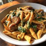 A close-up of creamy chicken sausage pasta featuring penne, sliced sausage, and wilted spinach in a white bowl.