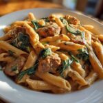 A close-up of creamy chicken sausage pasta featuring penne, chunks of sausage, and wilted spinach.