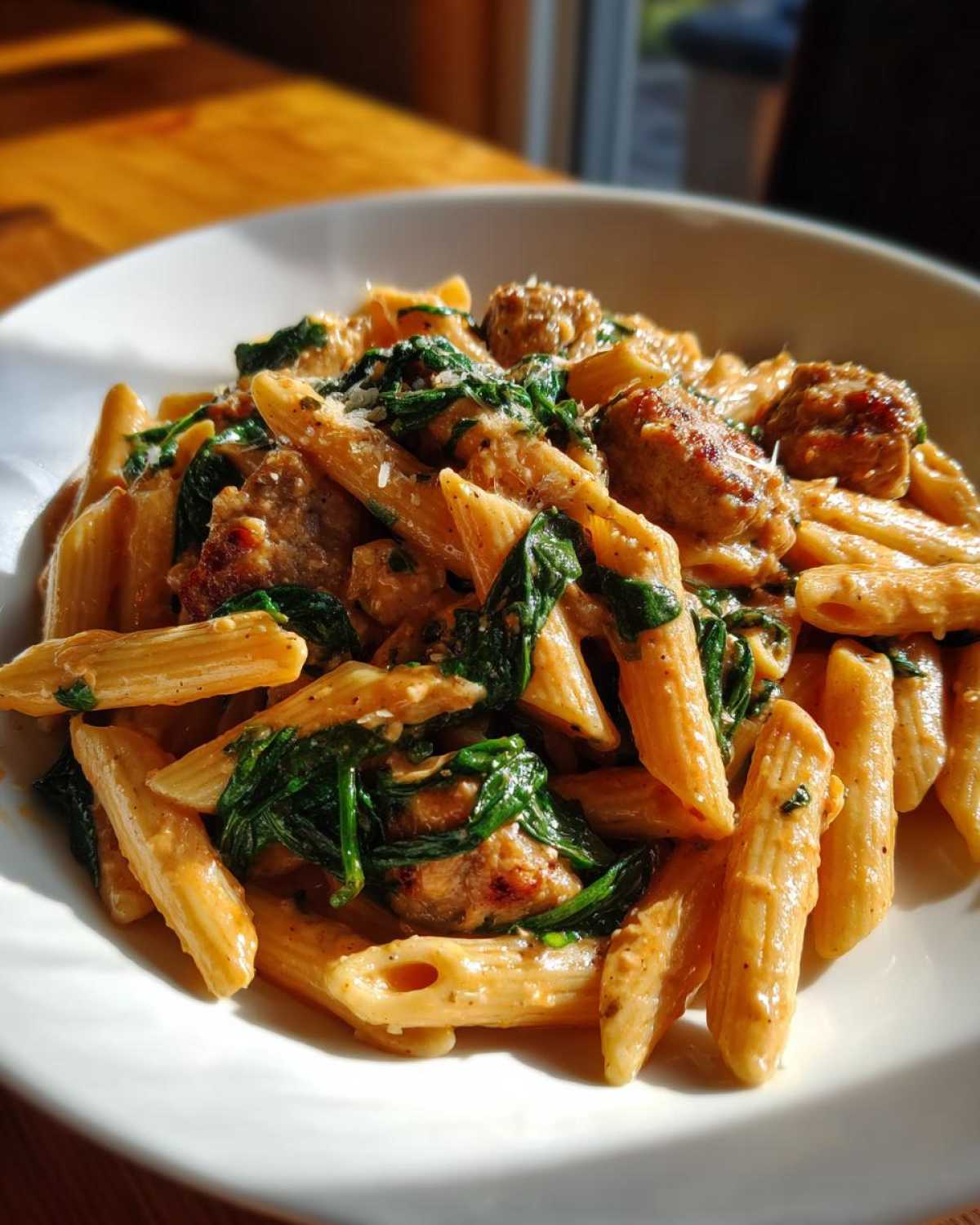 A close-up of creamy chicken sausage pasta mixed with wilted spinach and grated cheese in a white bowl.