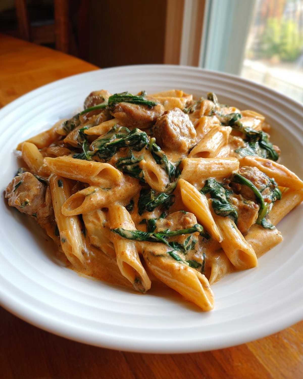 A close-up of creamy chicken sausage pasta mixed with wilted spinach served in a white bowl.
