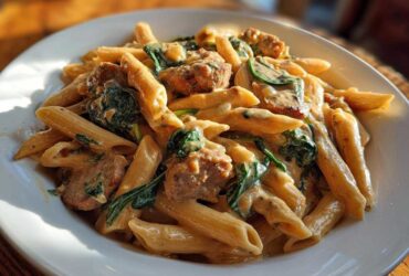 A close-up of creamy chicken sausage pasta featuring penne, chunks of sausage, and wilted spinach.