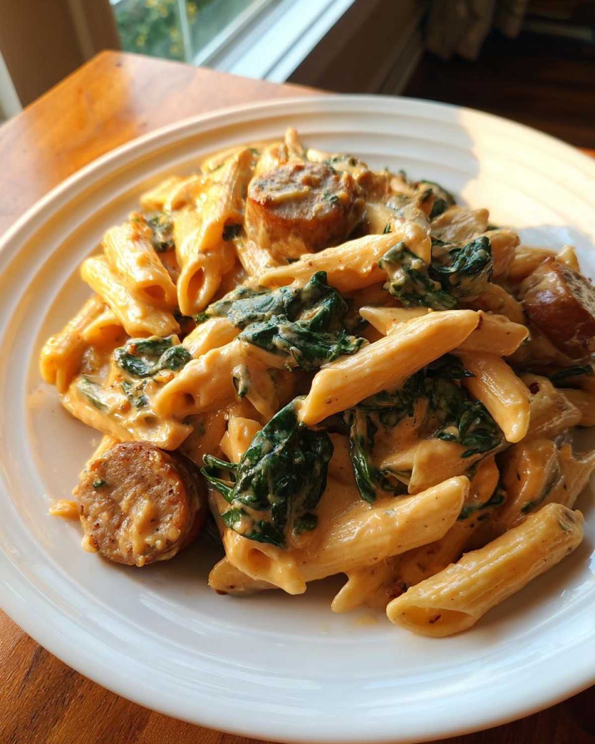 Close-up of creamy chicken sausage pasta with penne noodles and wilted spinach served on a white plate.