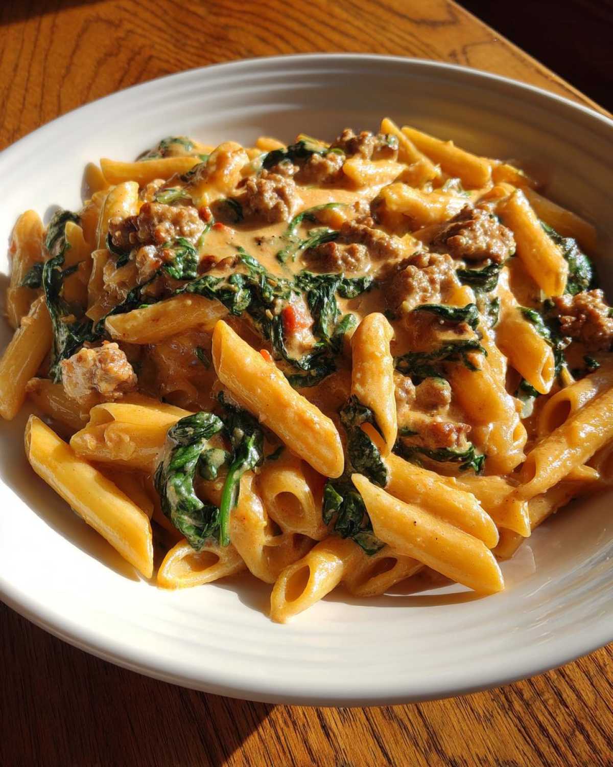 A close-up of creamy chicken sausage pasta mixed with wilted spinach, served in a white bowl.