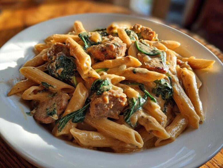A close-up of creamy chicken sausage pasta featuring penne, chunks of sausage, and wilted spinach.