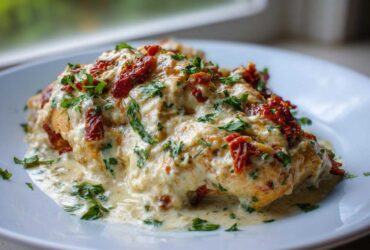 A close-up of a single serving of crockpot marry me chicken smothered in creamy sauce, sun-dried tomatoes, and fresh parsley.
