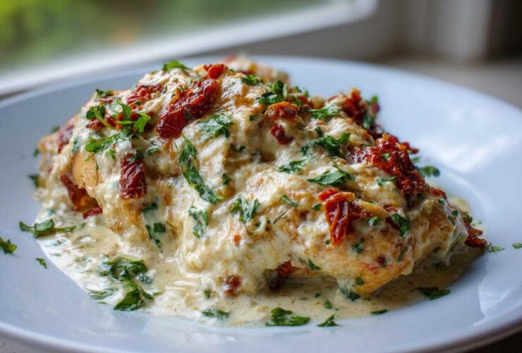 A close-up of a single serving of crockpot marry me chicken smothered in creamy sauce, sun-dried tomatoes, and fresh parsley.