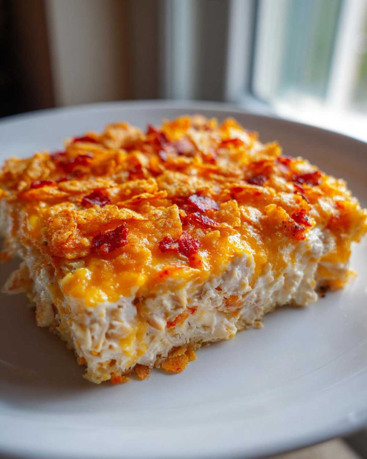 A close-up serving of creamy Dorito Casserole topped with melted cheese and crushed chips.