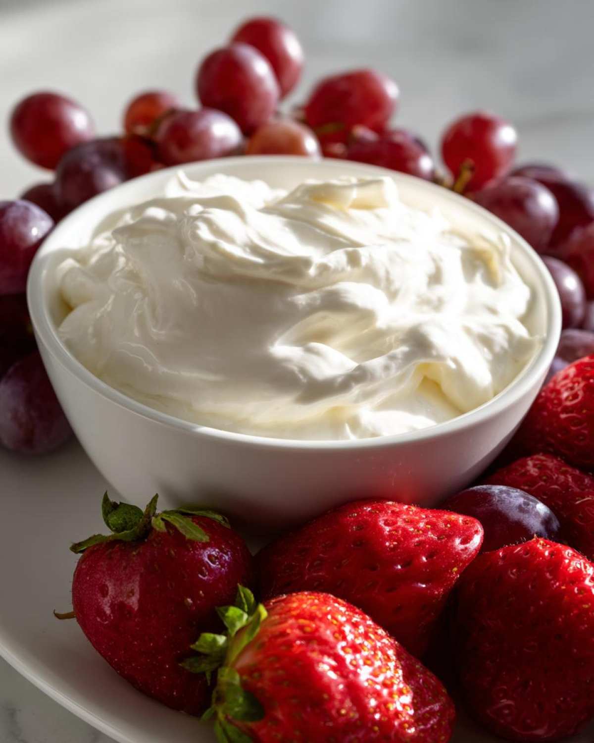 A bowl of creamy white fruit dip surrounded by fresh strawberries and red grapes on a white plate.