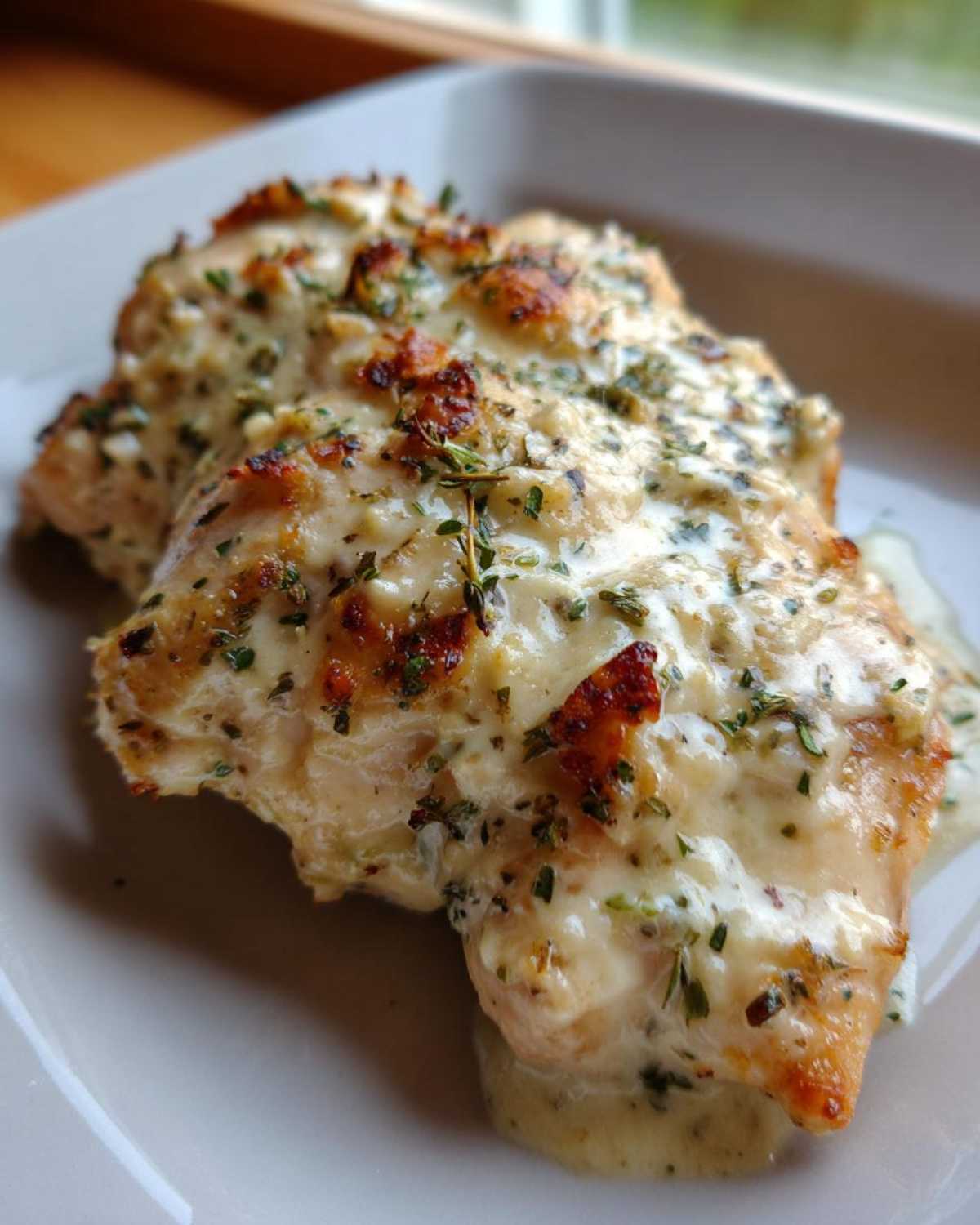 Two pieces of juicy chicken breast covered in a creamy, cheesy sauce and sprinkled with herbs, ready to eat as a Garlic parmesan chicken bake.