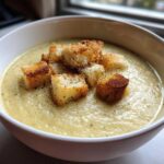Close-up of a bowl of creamy garlic soup topped with golden, seasoned croutons.