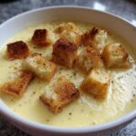 Close-up of a bowl of creamy, light yellow garlic soup topped with toasted, seasoned croutons.