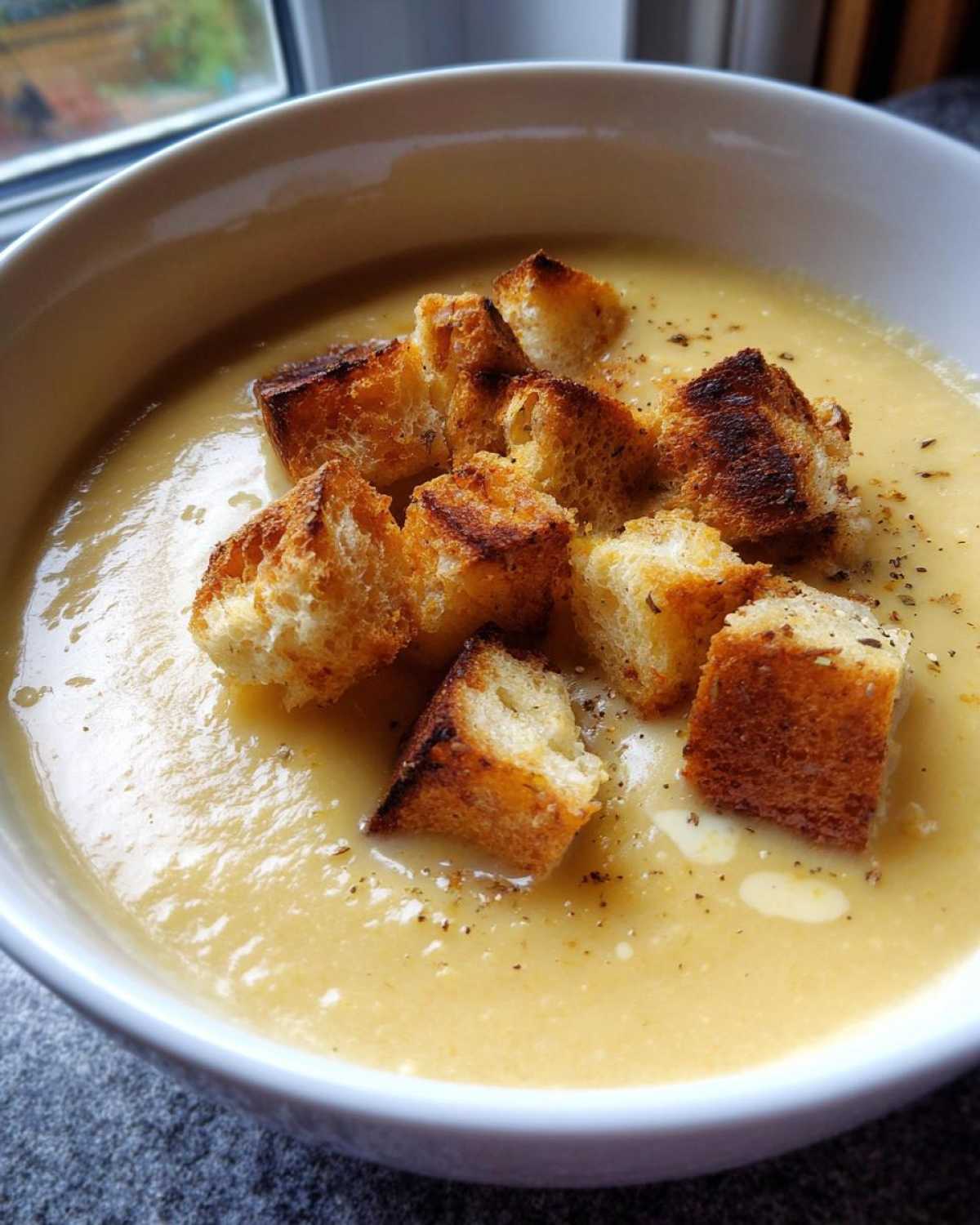 Close-up of creamy, pale yellow garlic soup topped with crunchy, toasted croutons and cracked black pepper.