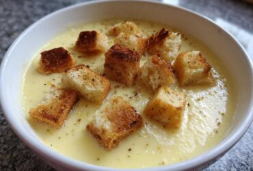 Close-up of a bowl of creamy, light yellow garlic soup topped with toasted, seasoned croutons.