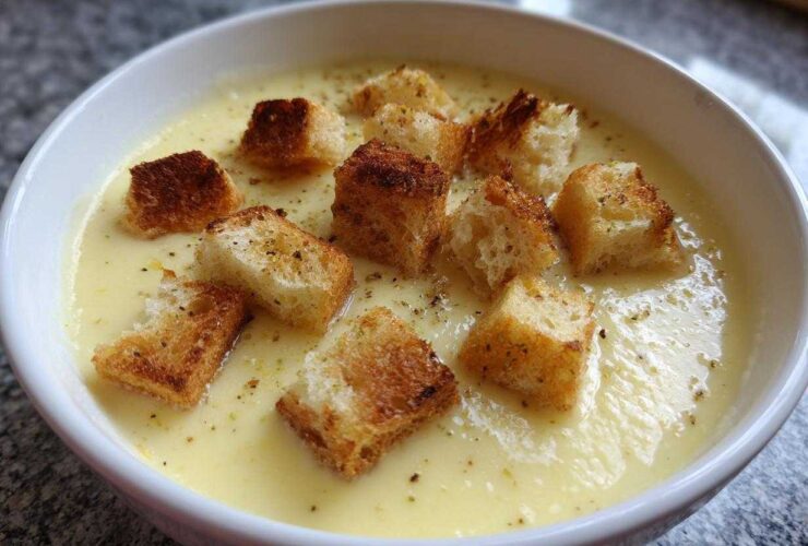 Close-up of a bowl of creamy, light yellow garlic soup topped with toasted, seasoned croutons.