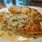 Two golden-brown seared chicken breasts covered in a rich, creamy lemon sauce and fresh parsley.