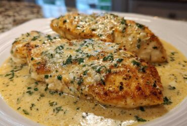 Two golden-brown seared chicken breasts covered in a rich, creamy lemon sauce and fresh parsley.