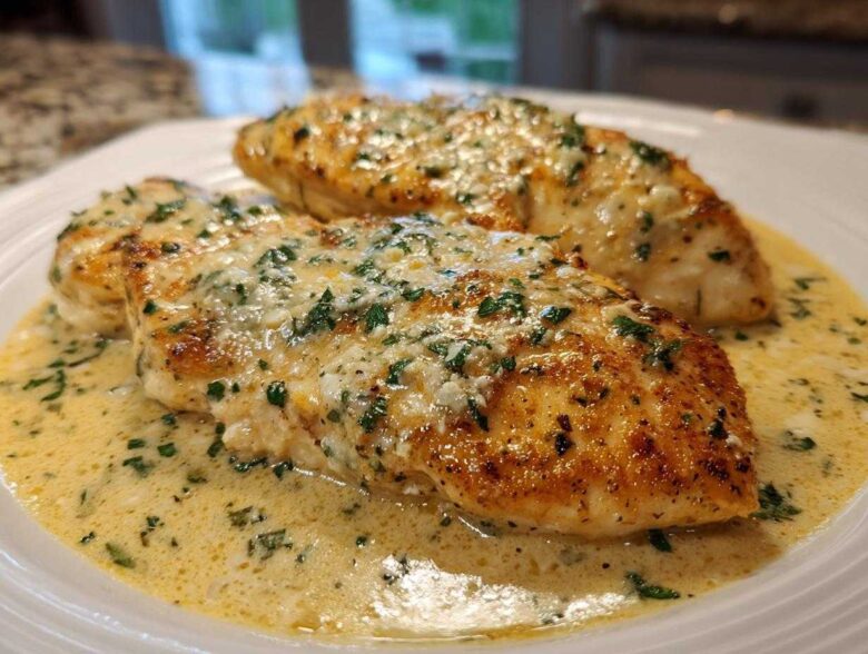 Two golden-brown seared chicken breasts covered in a rich, creamy lemon sauce and fresh parsley.