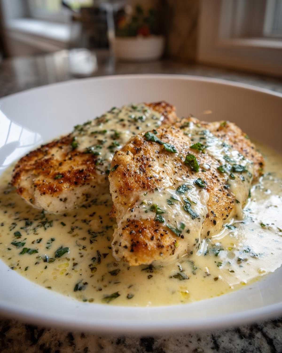 Two golden-brown chicken breasts smothered in a rich, creamy lemon sauce dotted with fresh parsley.