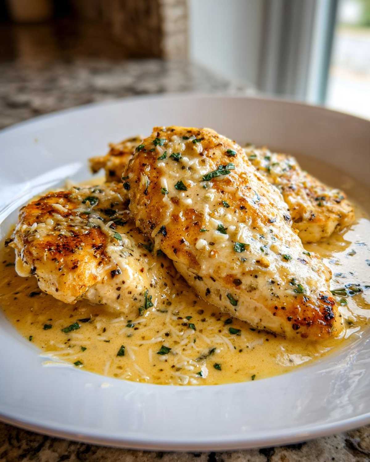 Three seared chicken breasts smothered in a rich, creamy lemon sauce with visible herbs and cheese.