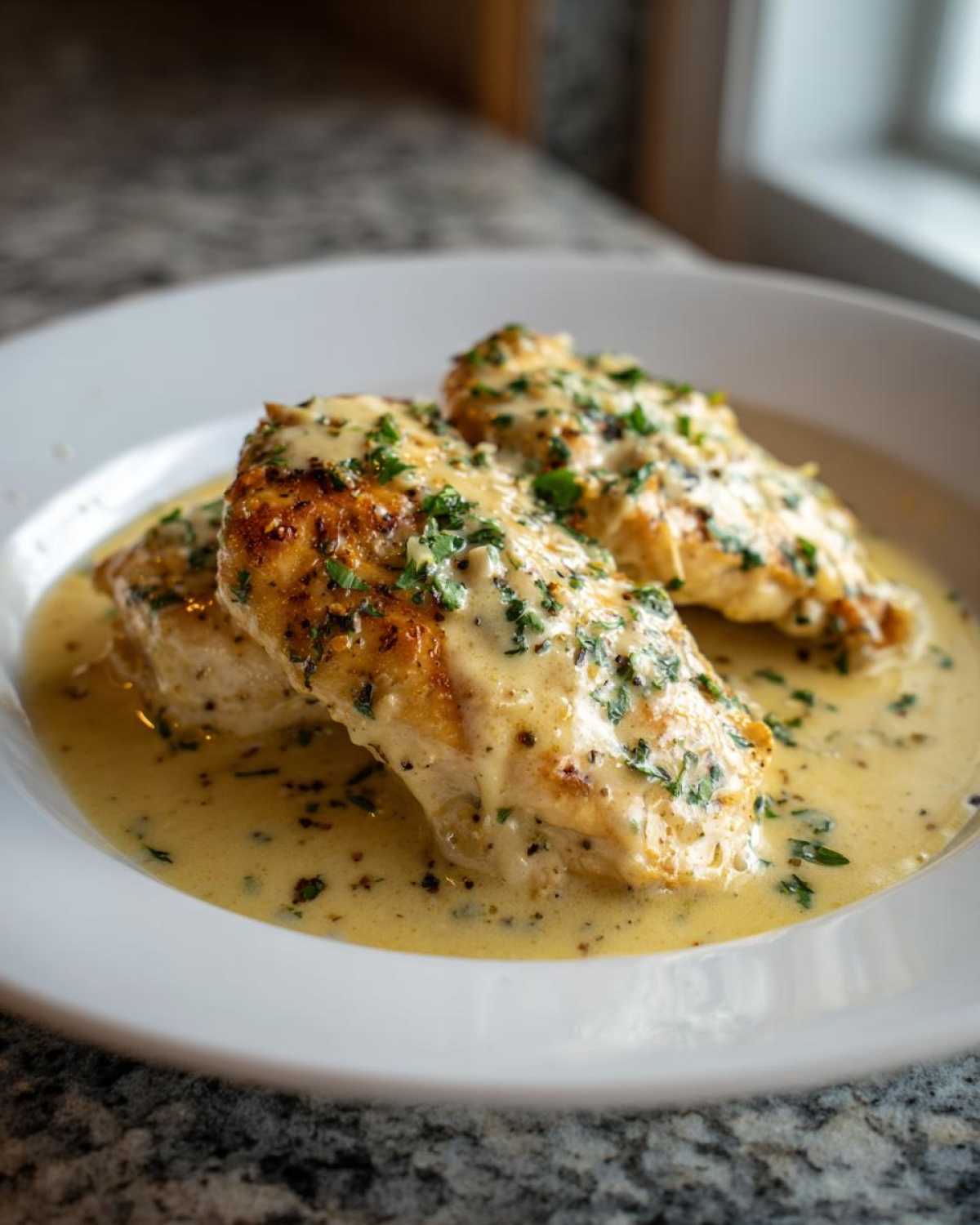 Two pan-seared chicken breasts covered in a rich, creamy lemon sauce and sprinkled with fresh parsley.
