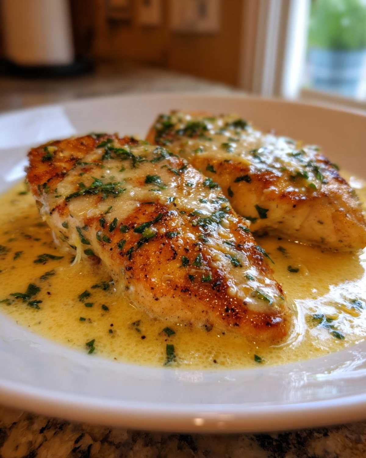 Two pan-seared chicken breasts covered in a rich, creamy lemon sauce and fresh parsley.
