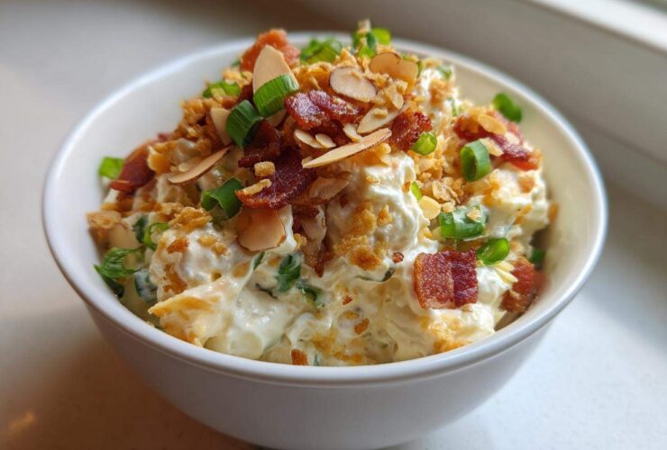 A white bowl filled with creamy Neiman Marcus dip, garnished generously with bacon bits, sliced almonds, and green onions.