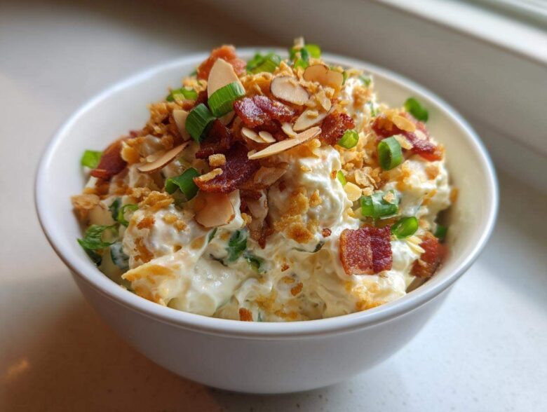 A white bowl filled with creamy Neiman Marcus dip, garnished generously with bacon bits, sliced almonds, and green onions.