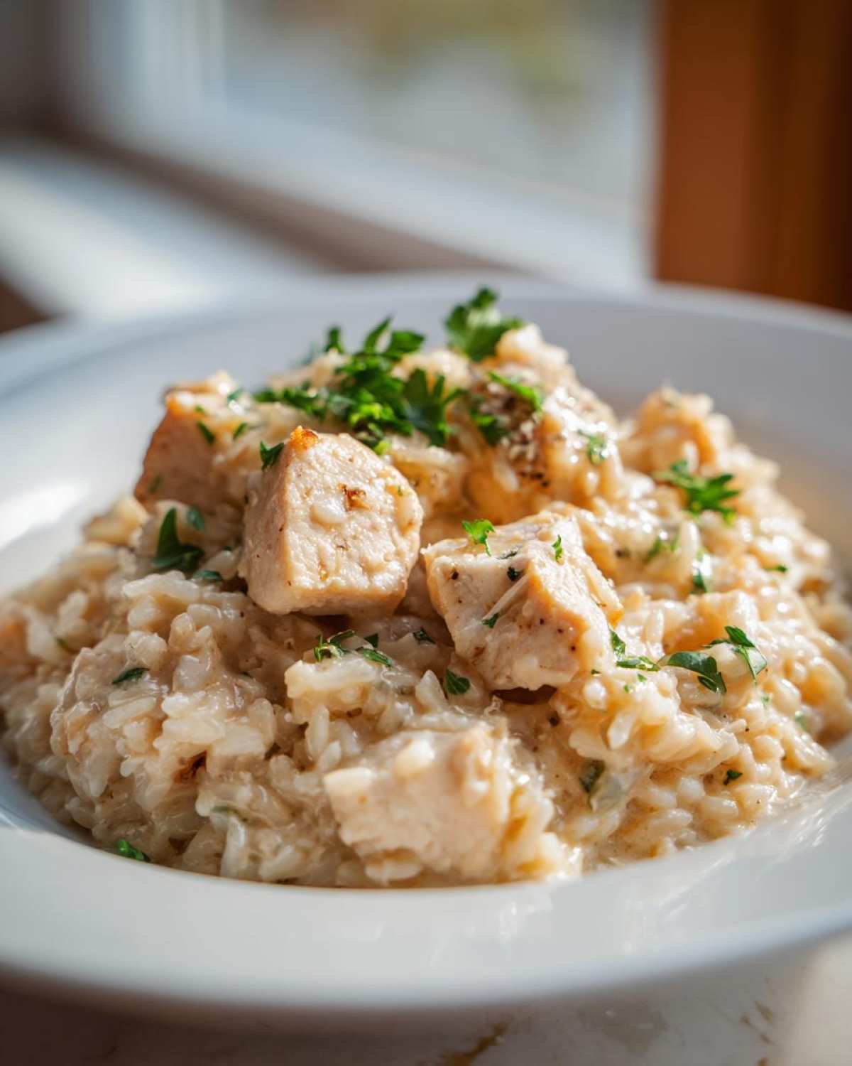 Close-up of creamy one pot chicken and rice topped with cubed chicken pieces and fresh parsley.