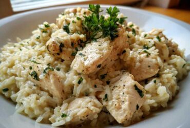 Close-up of creamy one pot chicken and rice topped with fresh parsley garnish.