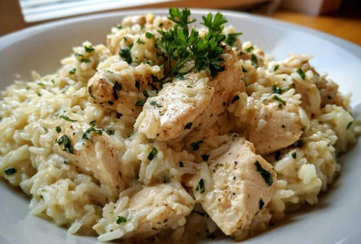 Close-up of creamy one pot chicken and rice topped with fresh parsley garnish.