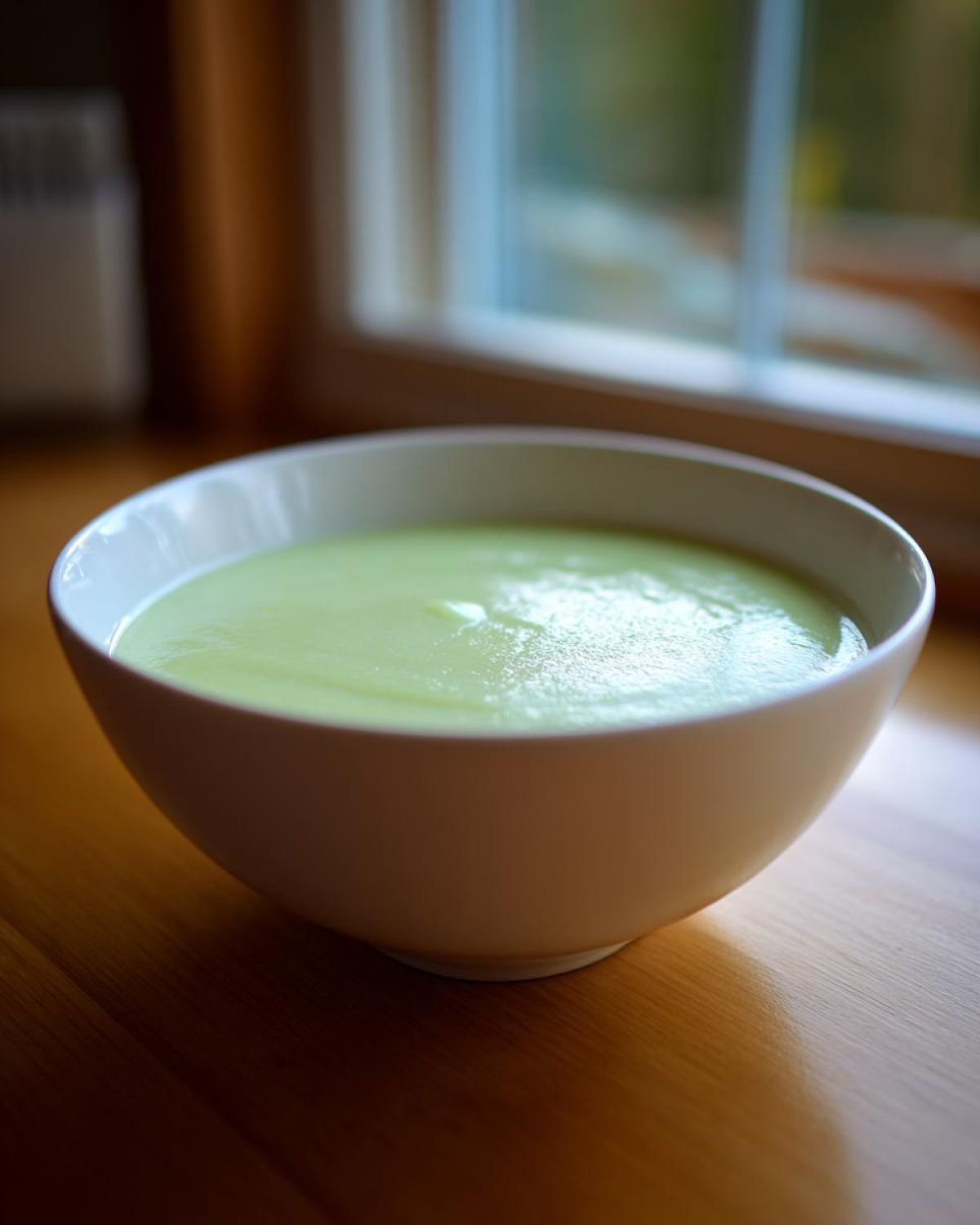 A creamy, pale green bowl of potato leek soup sitting on a wooden surface near a window.
