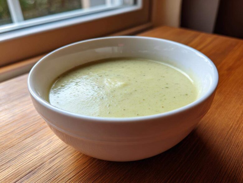A close-up of a bowl of creamy, light green potato leek soup sitting on a wooden table near a window.