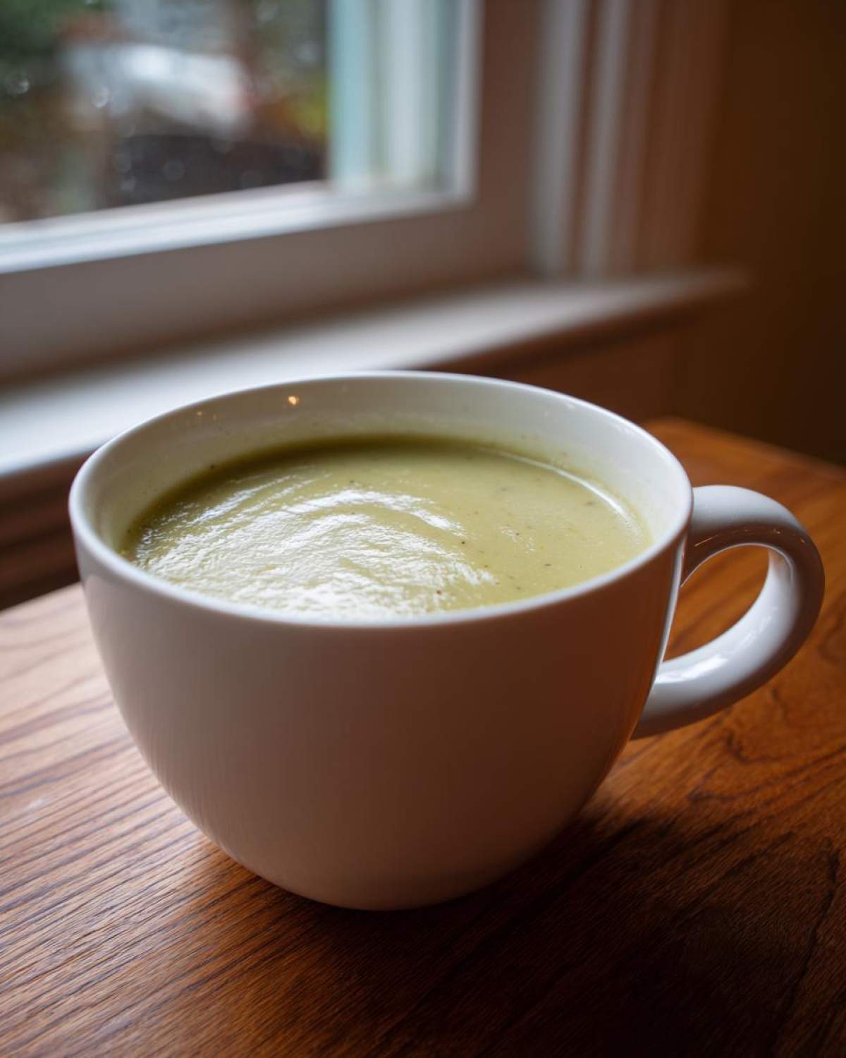 A close-up of creamy potato leek soup served in a white mug on a wooden table near a window.