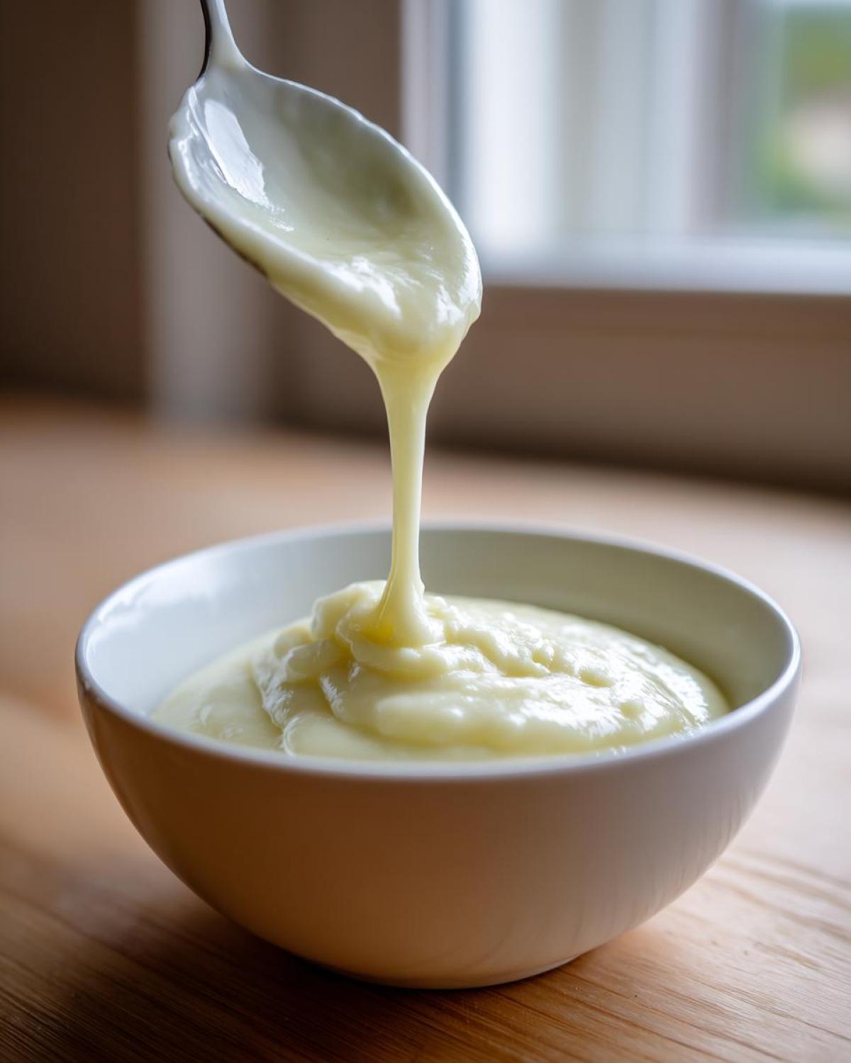 Close-up of thick, creamy potato leek soup being drizzled from a spoon back into a white bowl.