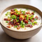 Close-up of a bowl of creamy potato soup recipe topped generously with crispy bacon bits and fresh green onions.
