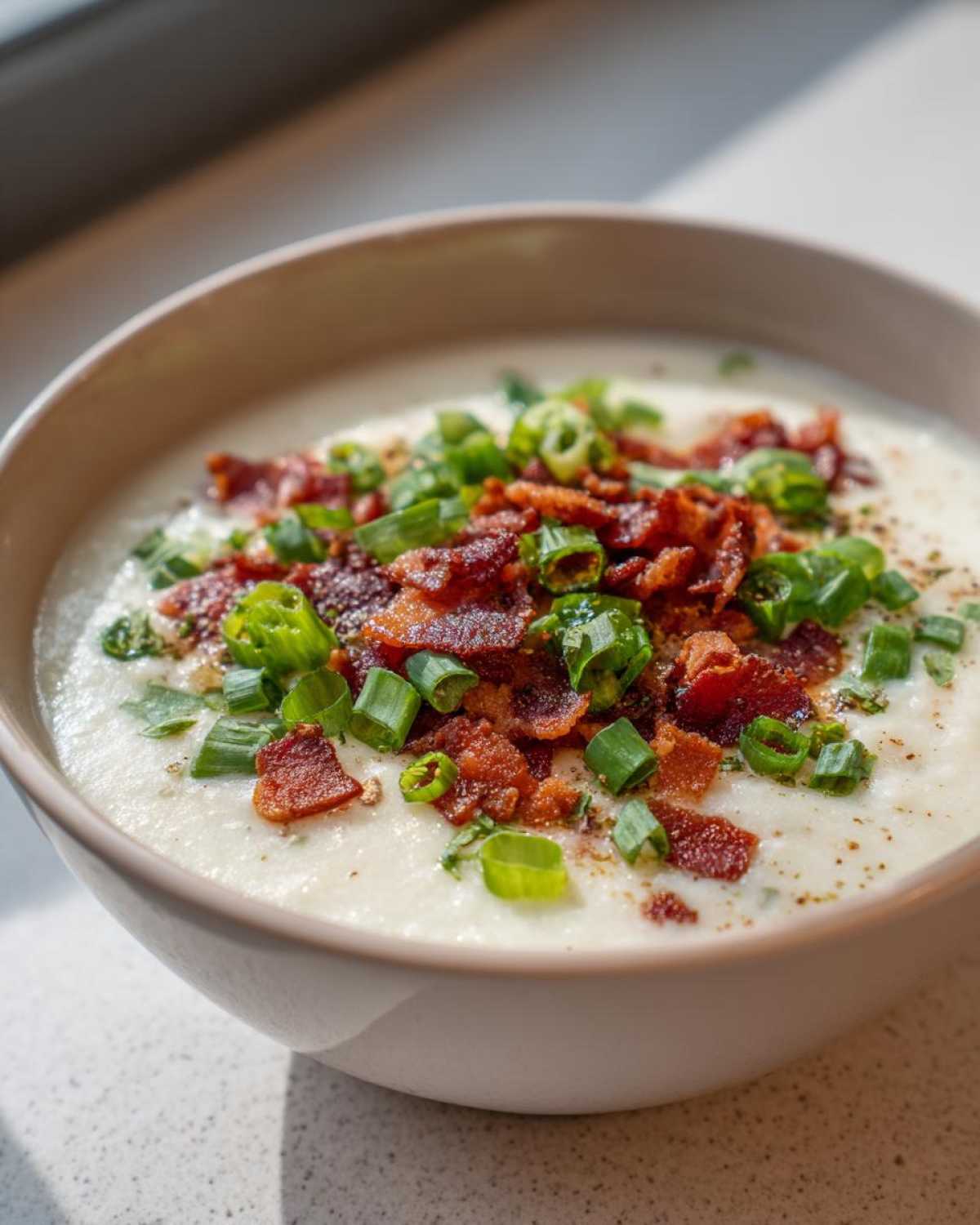 Close-up of a bowl of creamy potato soup recipe garnished generously with crispy bacon bits and fresh green onions.
