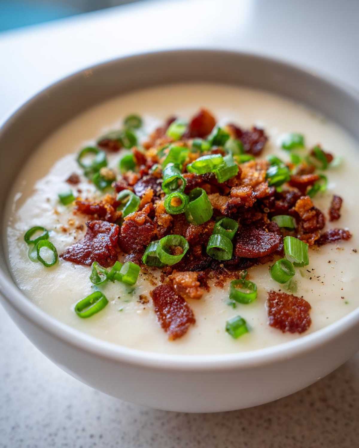 Close-up of a creamy potato soup recipe topped generously with crispy bacon bits and fresh green onions.