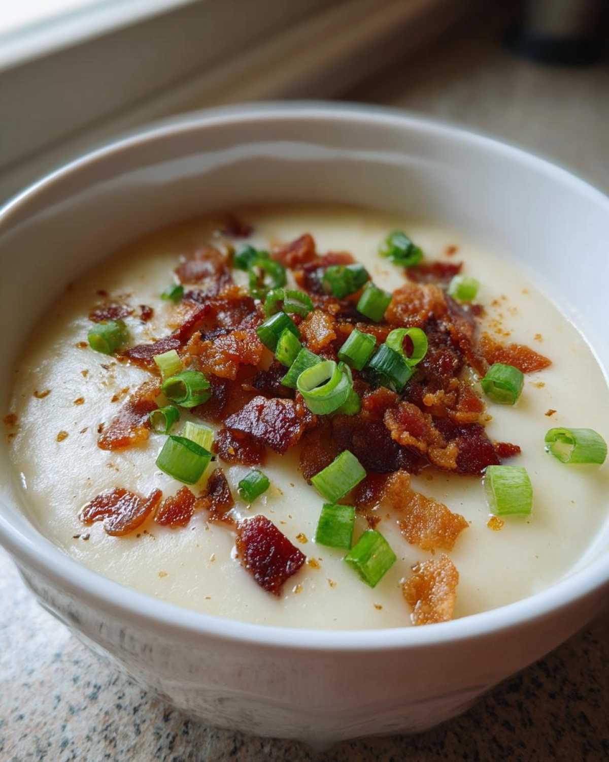A close-up of a creamy bowl of potato soup recipe garnished generously with crispy bacon bits and fresh chopped green onions.