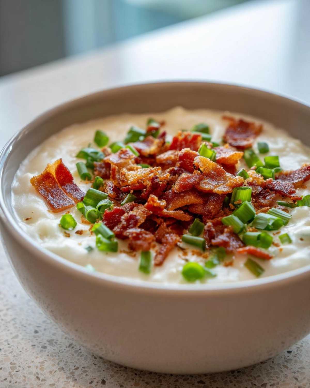 Close-up of a bowl of creamy potato soup recipe topped generously with crispy bacon bits and fresh chopped green onions.